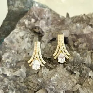 brinco ouro 4 fileiras zirconias meio ponta 1 gota cristal