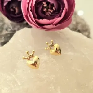 brinco ouro coração com coroa