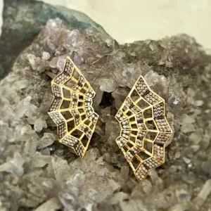 brinco ouro leque com zirconias morganita