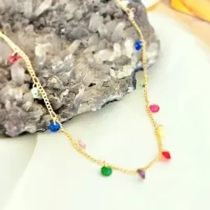 colar ouro choker cristais coloridos