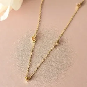 Colar ouro choker estrelas e lua lisa vazada