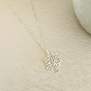colar prata arvore da vida com pedras colors no tronco