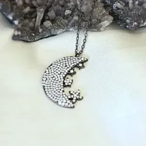 colar rodio negro lua e estrela cravejada