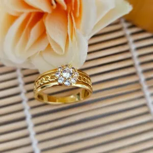 anel ouro flor cravejada 2 aros lisos e 1 aro elos