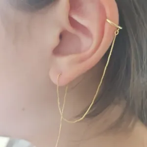 brinco ouro agulha pendurada com cordinha + piercing