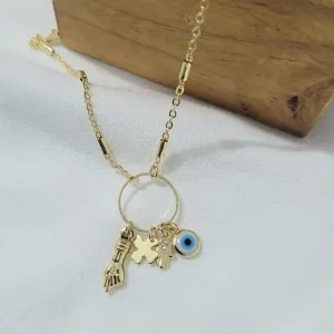 colar ouro olho grego mão de fatima trevo e figa