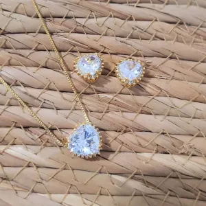 conjunto ouro ponto de luz coração cristal