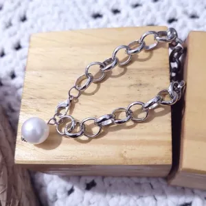 pulseira rodio elo português com 1 perola