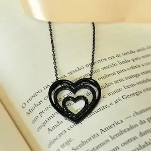 colar rodio negro 3 corações vazadsos pequeno medio e grande
