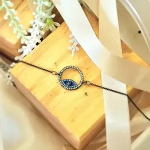 pulseira ródio negro círculo vazado olho grego