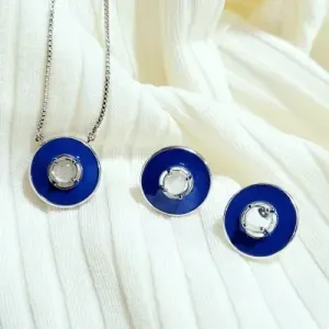 conjunto rodio circulo esmaltado azul com pedra cristal azul