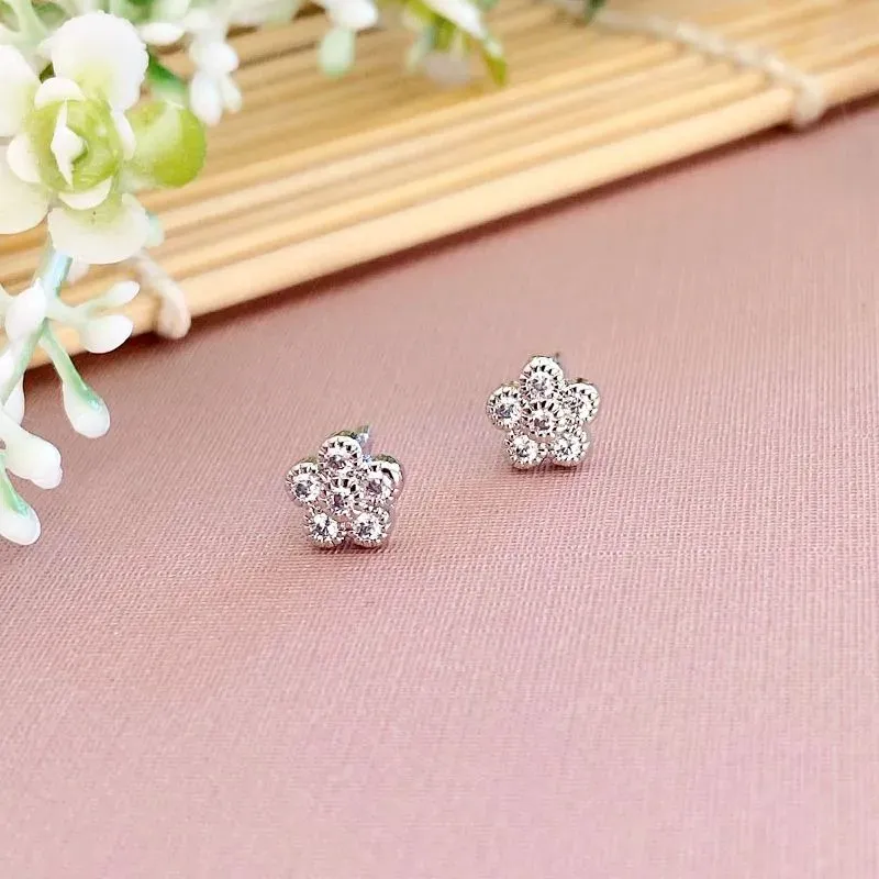 brinco rodio flor com micro zircônia cristal