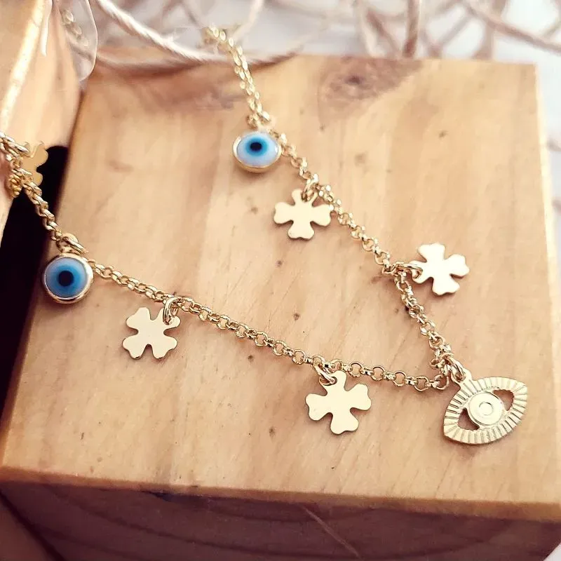 colar ouro choker olho grego e trevo da sorte