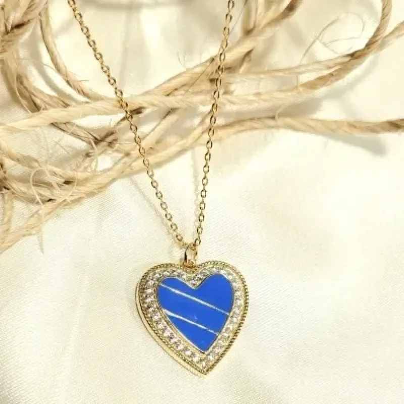 colar ouro coração esmaltado azul com volta zircônias