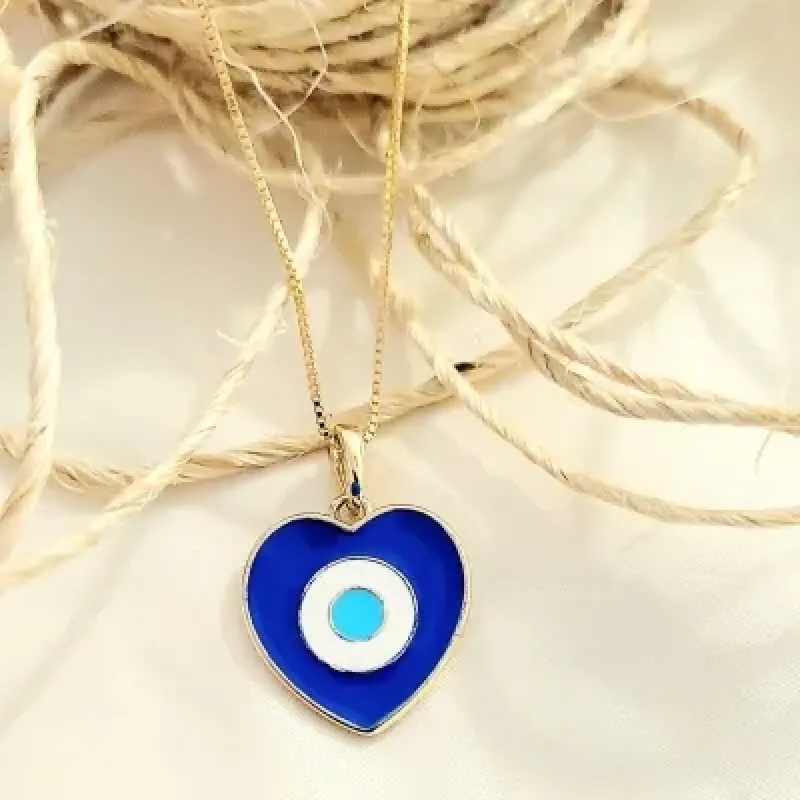 colar ouro coração esmaltado olho grego