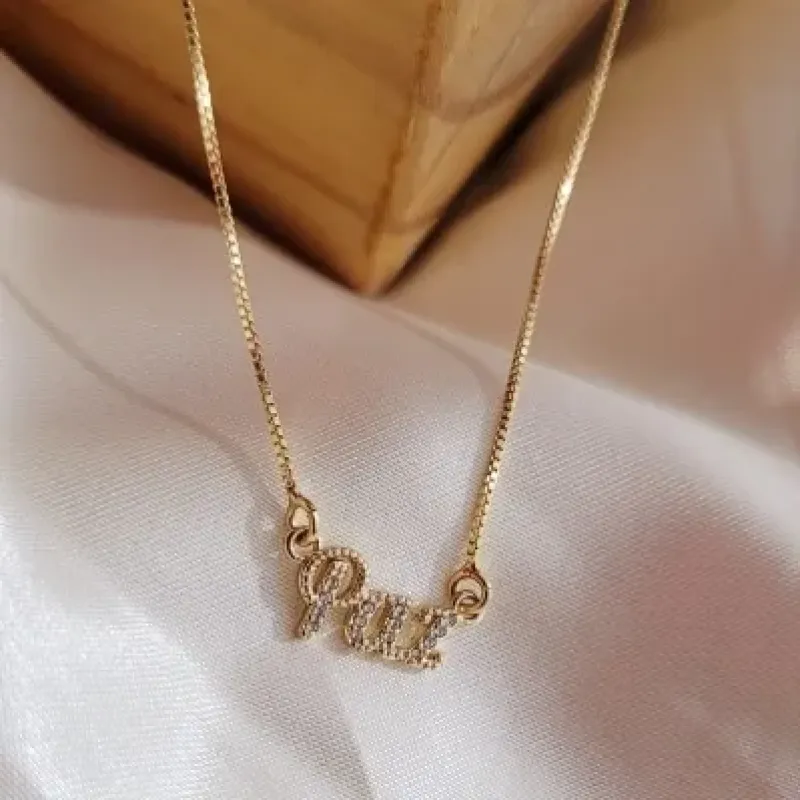 colar ouro escrita paz em zirconias