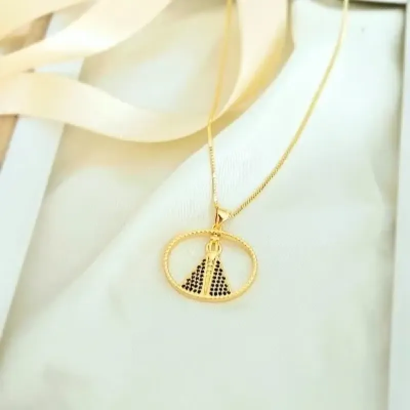colar ouro nossa senhora zircônias azuis em mandala trançada