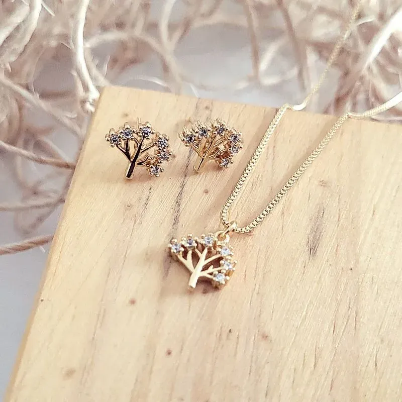 conjunto ouro arvore da vida cravejada