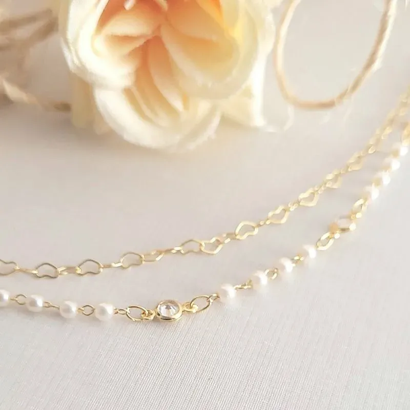 pulseira ouro dupla pedras cristais com perolas e corações
