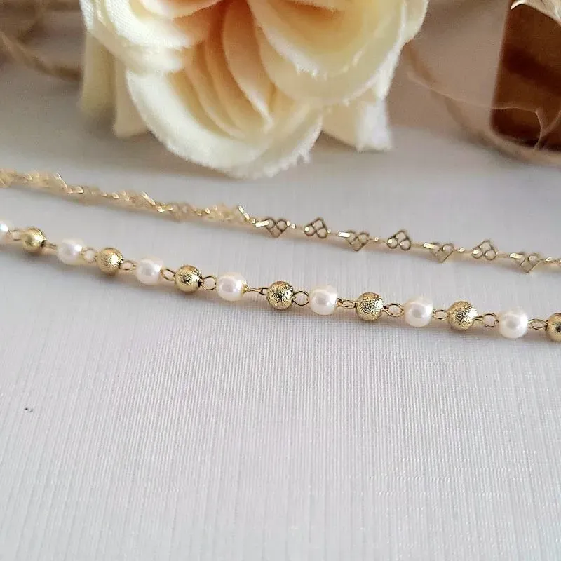 pulseira ouro dupla perola bolas trabalhadas e corações