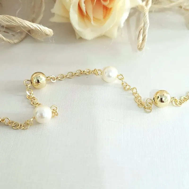 pulseira ouro perola e bolas lisas intercaladas