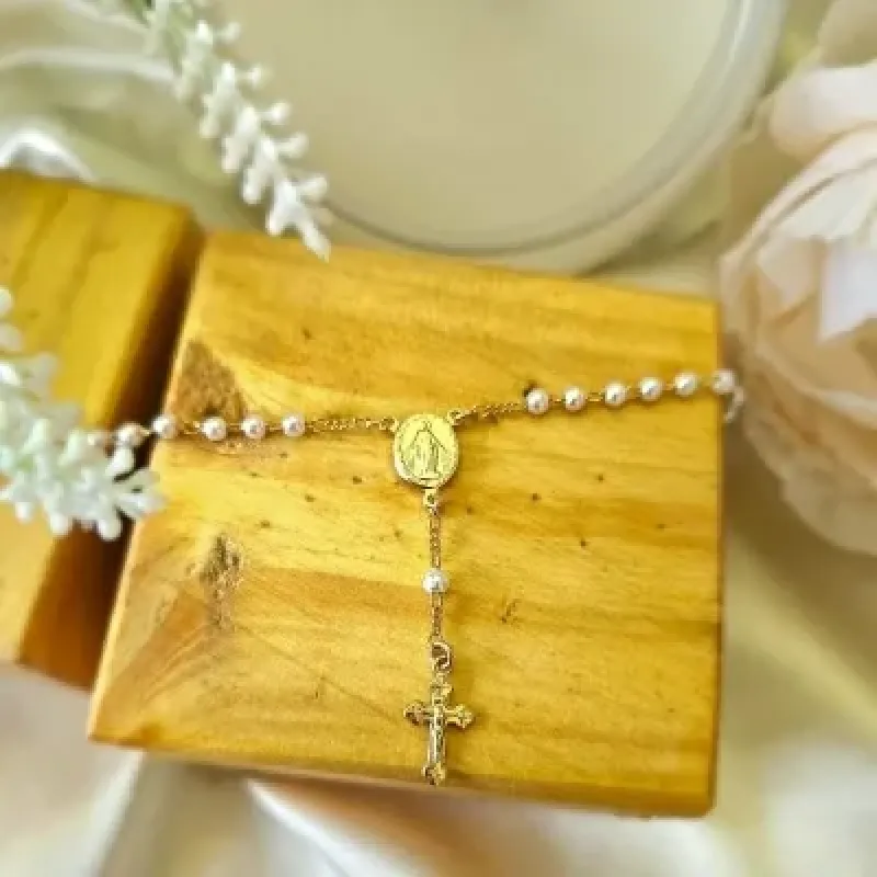 pulseira ouro terço perolas nossa senhora milagrosa