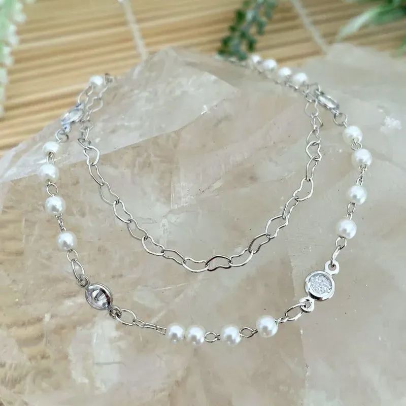 pulseira rodio dupla pedras cristais com perolas e corações