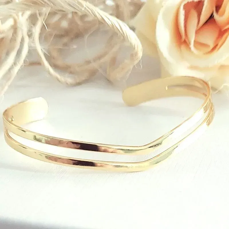 pulseira ouro bracelete duplo chapado liso em V