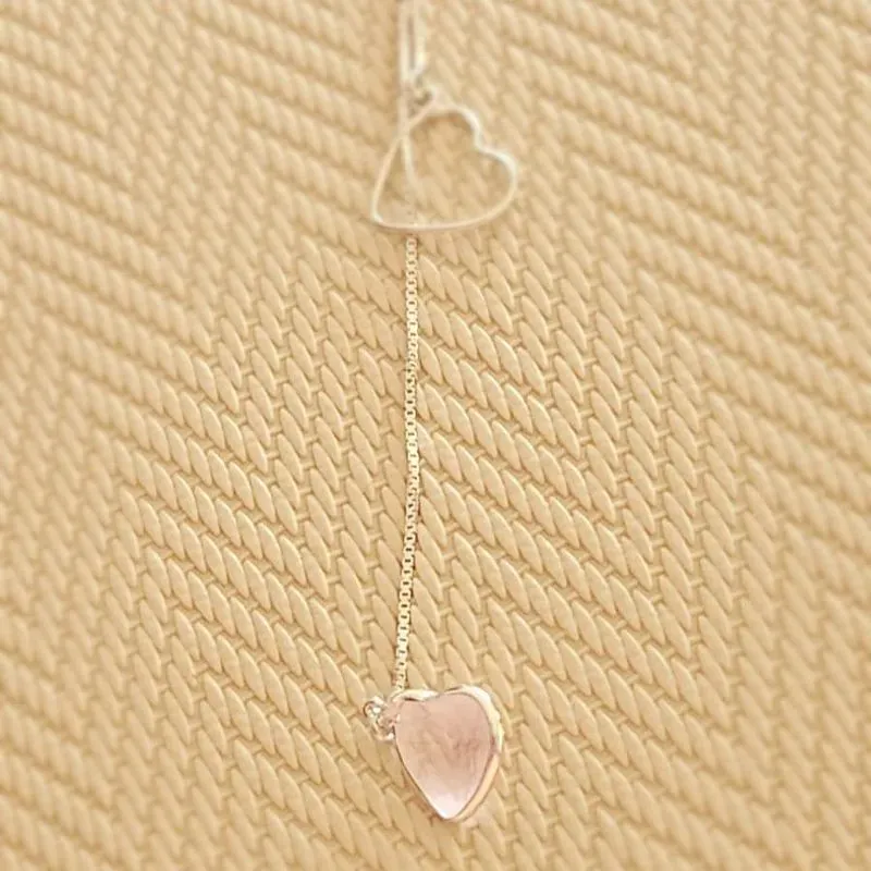 colar prata gravata coração liso vazado e coração rosa claro