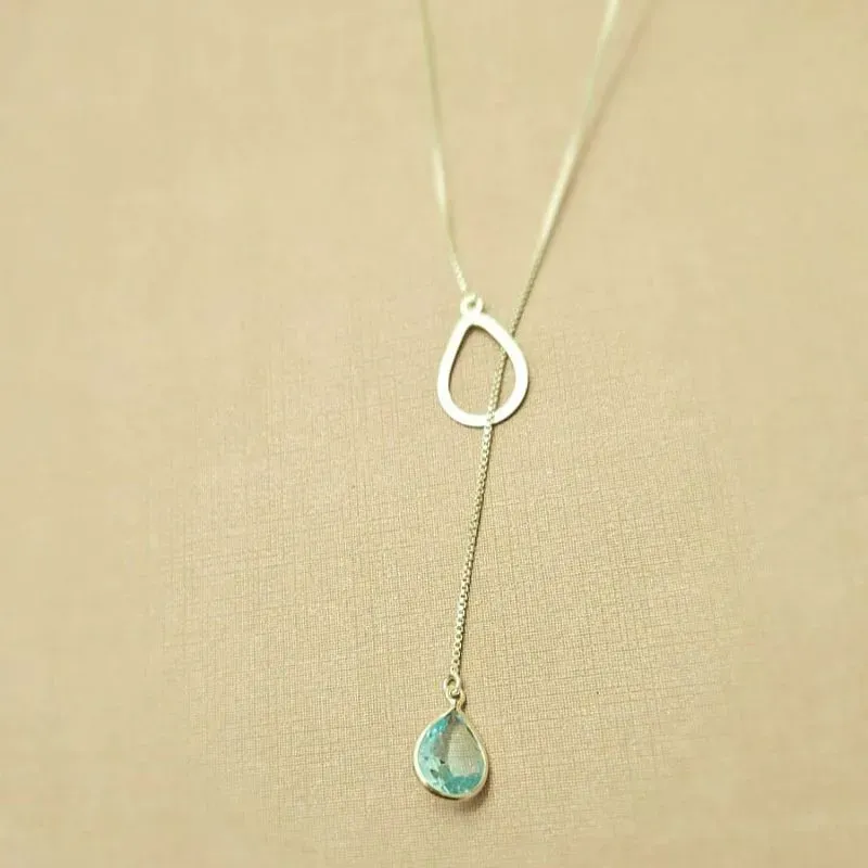 colar prata gravata gota lisa vazada e gota azul claro