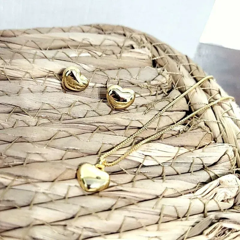 conjunto ouro coração abaulado liso