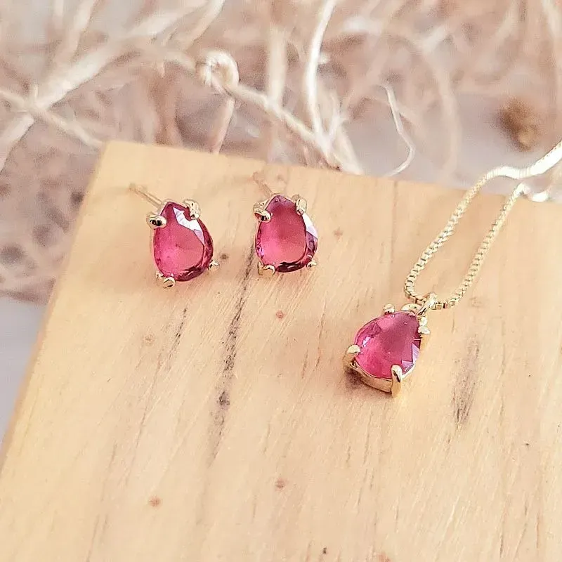 conjunto ouro gota pequena rosa escuro
