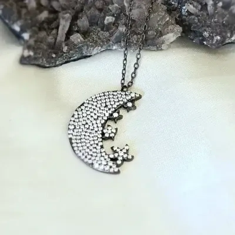 colar rodio negro lua e estrela cravejada