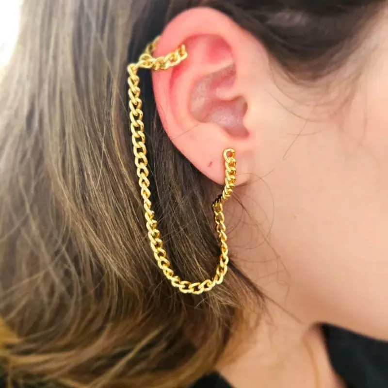 brinco ouro correntaria com corrente sobe piercing