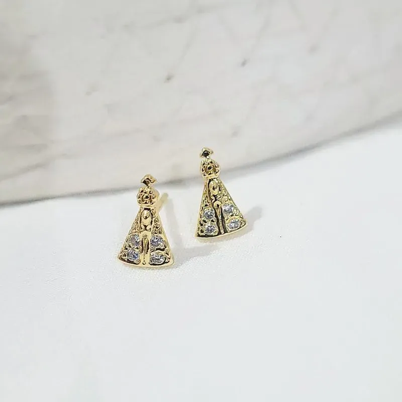 brinco ouro nossa senhora cravejada cristal