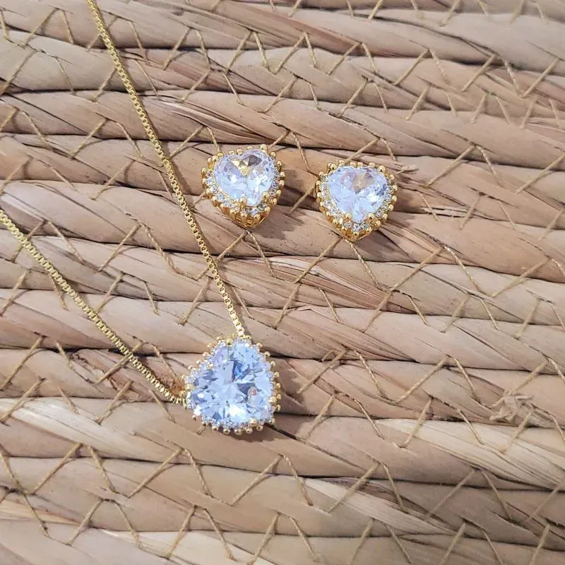 conjunto ouro ponto de luz coração cristal