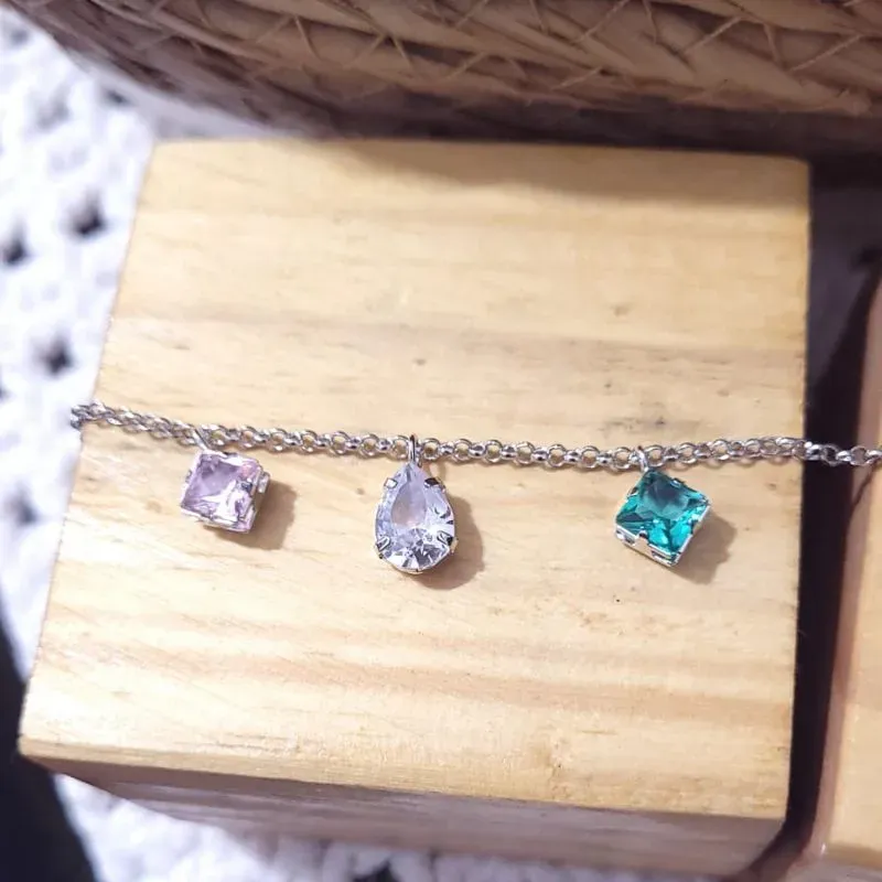 pulseira rodio elo português gota cristal e pedras colors