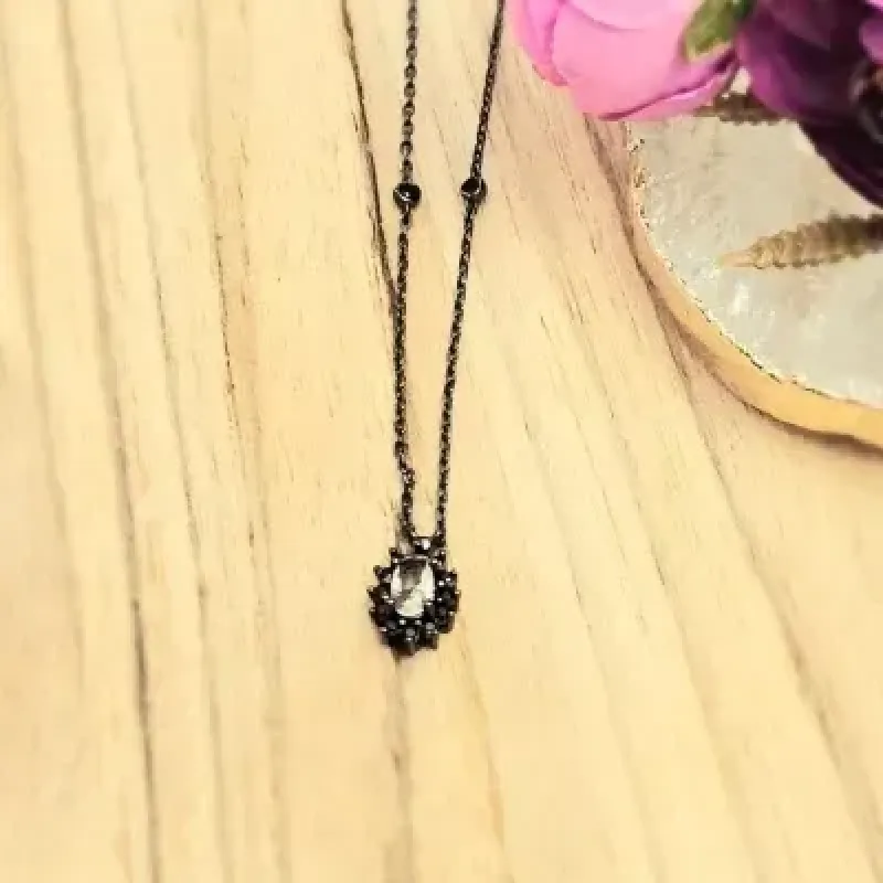 colar rodio negro oval morganita com volta zircônias negras