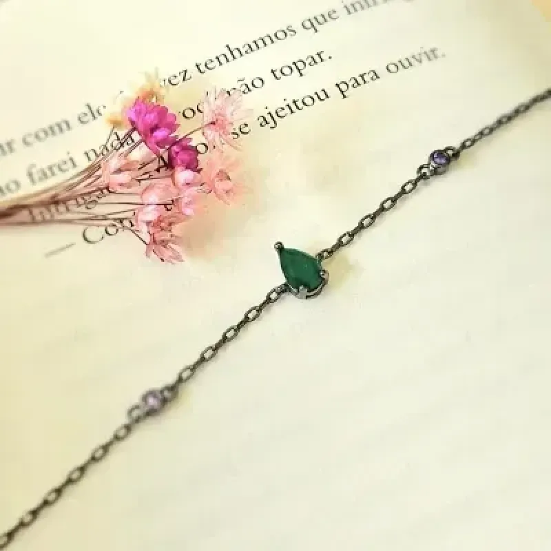 pulseira ródio negro corrente gota verde
