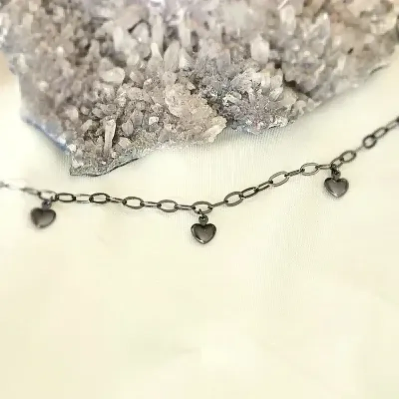 pulseira rodio negro elos 3 corações pendurados