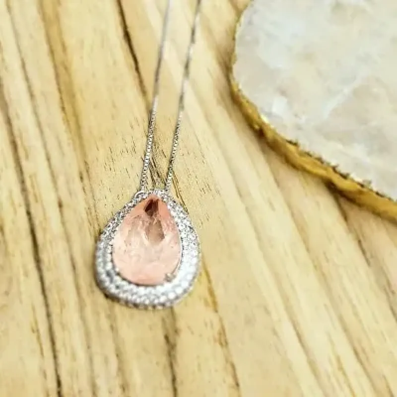 colar rodio gota rosa salmao com base 3 voltas zirconias