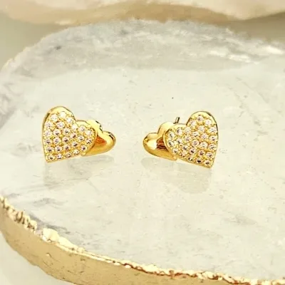 brinco ouro 2 corações liso e zircônias