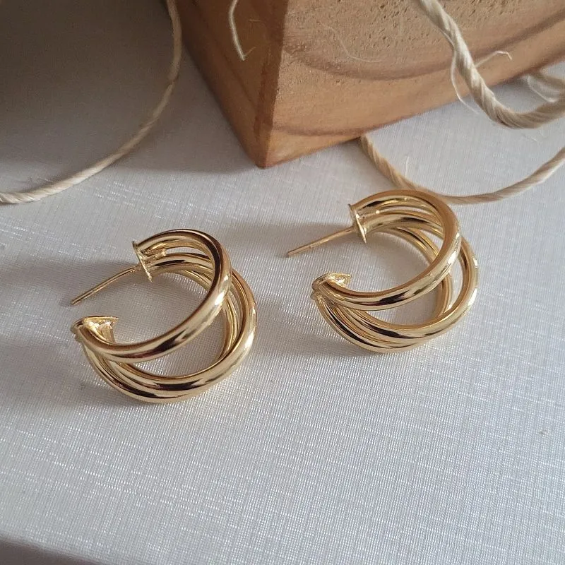 brinco ouro argola tubo tripla