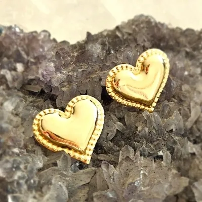 brinco ouro coracao grande liso volta bolinhas lisas