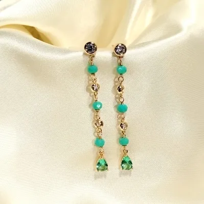 brinco ouro corrente pendurada com búlgaros verde e tiffany ponta gota verde