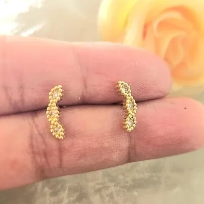 brinco ouro cuva 3 zirconias com volta bolinhas lisas