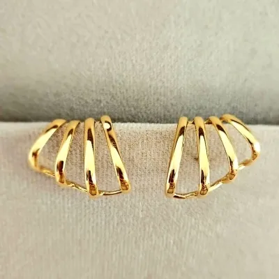 Brinco ouro ear hook 4 fileiras lisas