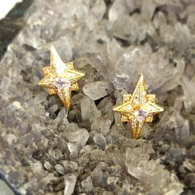 brinco ouro estrela 8 pontas grande toda cravejada zirconias meio bolinha cristal