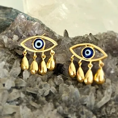 brinco ouro olho grego com gotas penduradas