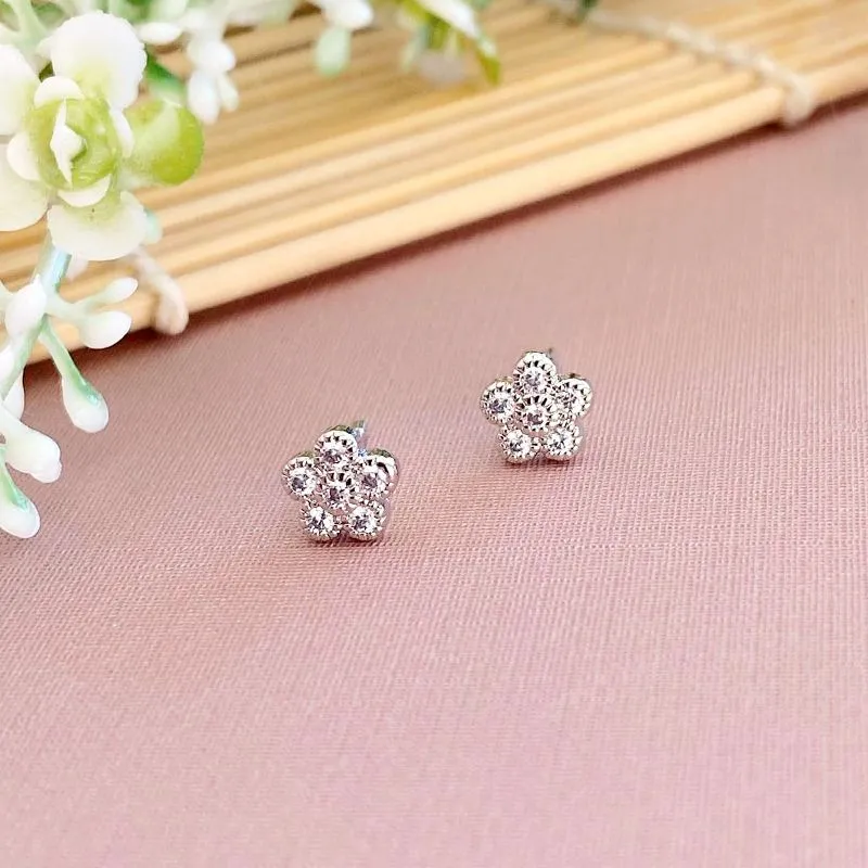 brinco rodio flor com micro zircônia cristal